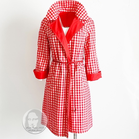 Rain Coat with Leather Belt Reversible Gingham Check Red White Vintage Sz 8 - Picture 3 of 9
